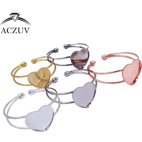 ACZUV 50pcs Love Heart Shape Wristband Copper Metal 25mm Teeth Bezel Blank Base Bracelet Cuffs Bangle Tray BBS017