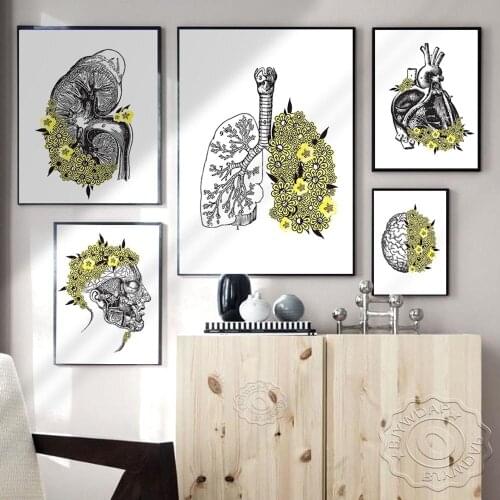 Anatomy Art Human Heart Brain Lungs Wall Art Canvas Painting Nordic Flower Posters And Prints Wall Pictures Doctor Office Decor