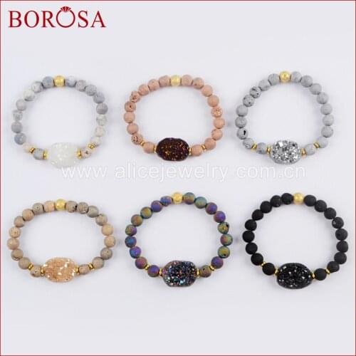 BOROSA 5/6 Strands Fashion Titanium Rainbow Drusy With 8mm Druzy Beads Beaded Bracelet Gems Bangle Jewelry for Women G1561