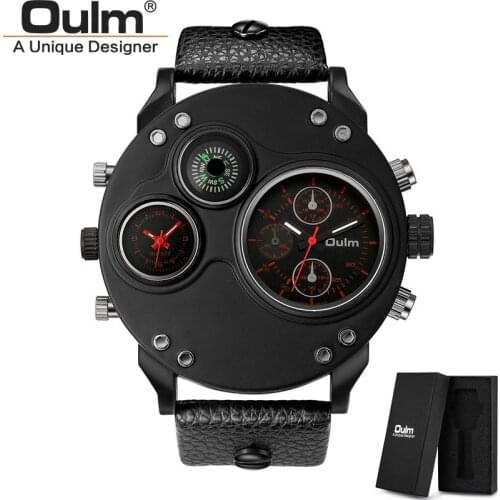 Oulm 3741 Double Time Zone Watches Men Luxury Brand Unique Male Quartz Sport Wristwatch Decorative Compass Big Mens Watch