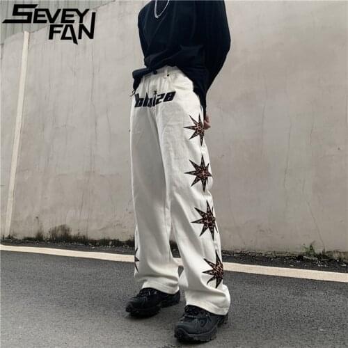 SEVEYFAN Hi Street Mens Fashion Pentagram Letters Embroidery Jeans Hip Hop White Stretch Pants for Male