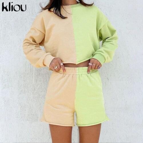 Kliou Cotton Two Piece Set Women Color Blocking Long Sleeve O-Neck Sportswear Top+Elastic Waist horts Matching Pants Female Wear