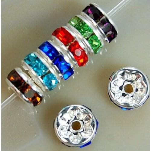 Hvb32 10mm Mixed Color Lot Rhinestone Rondelle Spacer, Silver Plated OWO Loose Beads Fit Charm Bracelet