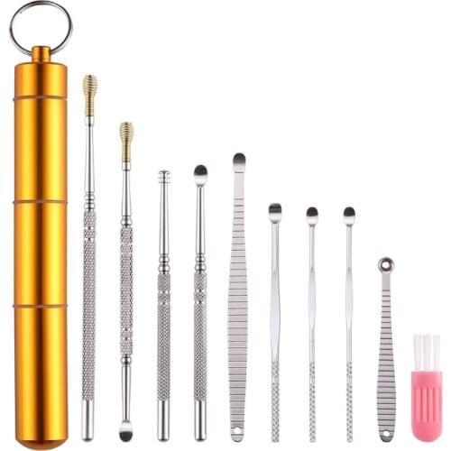 D0LC 10 Pcs Ear Wax Remover Tool with Cleaning Brush Reusable Ear Curette Storage Box for Home Travelling Office