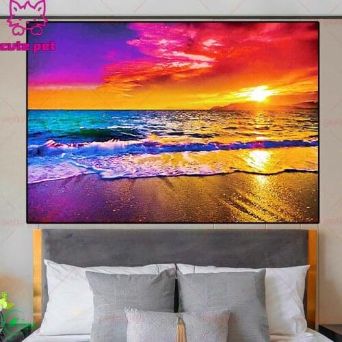 Cute pet Full Square Drill 5D Sunset seascape DIY Diamond Painting Embroidery Cross Stitch Rhinestone Mosaic scenery Gift decor
