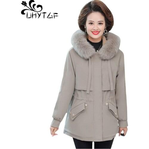 UHYTGF Jackets for women Plus velvet Down cotton Winter Coat Hooded Thick Cold-proof Warm Outerwear Plus size Parker Female 1068