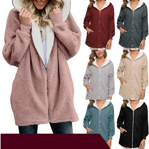 Leosoxs 2020 Autumn Winter New Fashion Hooded Womens Jacket Casual Slim Solid Zipper Pocket Ladies Fluff Jacket Coats Plus Size