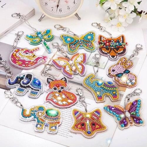 Multicolor Elephant Anima Keychain Acrylic Embroidery DIY Kit Diamond Painting Rhinestone Keyring Jewelry Kits Accessories, 1Set