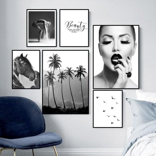 Fashion Girl Wall Art Canvas Painting Black White Scenery Trees Poster And Print Beauty Quote Picture Horse Wall Decor HD2993