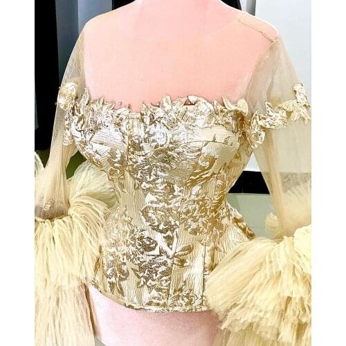 Fashion Champagne Lace Top Garment for Women Scoop Neck Long Sleeves Nigerian Evening Prom Wear Robe de soirée