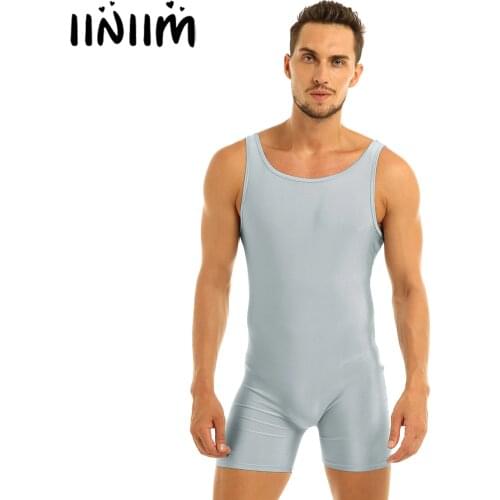 Mens Solid Sleeveless Round Neck Tank Style Slim Fit One Piece Lingerie Casual Fitness Boxer Shorts Leotard Unitard Bodysuit