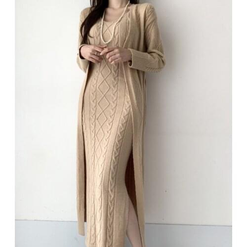 Office Lady Elegant Robe Femme Autumn Winter Knitted Cardigan And Long Dresses Two Piece Set Trend Evening Party Sets Knit Dress