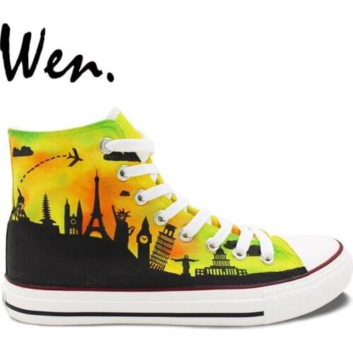 Wen Original Design Hand Painted Canvas Shoes for Men Women World Famous City Landmarks High Top Flats Lace Up Sneakers Gifts