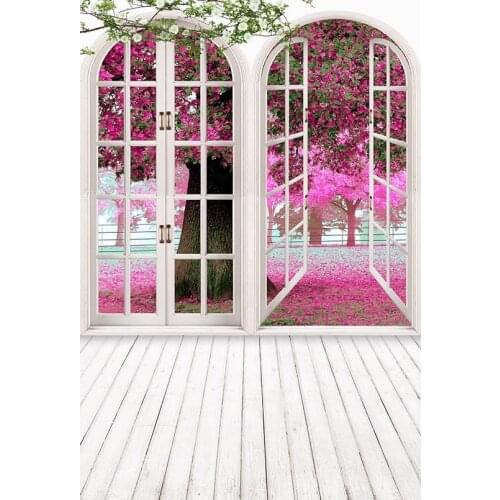 Custom Photography Backdrops Big Tree Flowers White Window Wooden Floor Backgrounds for Photo Studio Wedding Photos Baby Shower