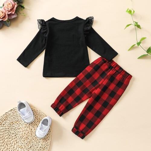 Casual Girl’s T-shirt and Trousers Suit Fashion Solid Color Long Sleeve Tops and Plaid Long Pants