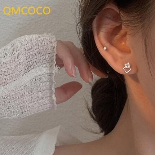 QMCOCO Korean Style 925 Silver Personality Square Geometry Zircon Ear-nail Woman Fashion Simple Ear Accessorize For Woman
