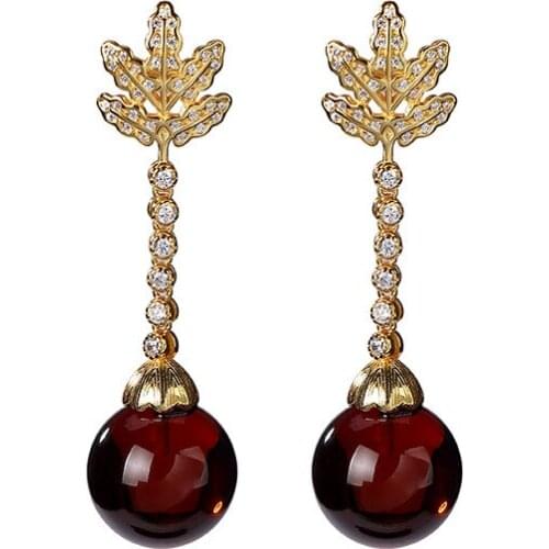 925 sterling silver gold plated natural blood amber stud earrings personality fashion Maple Leaf round beads earring pendant for