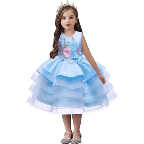 Child Yellow Layered Lovely Girls Birthday Dresses For Kids Fluffy V-Neck Flower Little Girl Dress Knee-Length 2-8 Years Old