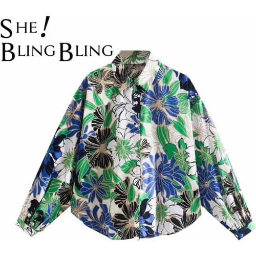 SheBlingBling Za Woman 2021 Traf Shirts Vintage Floral Button Shirt Long Sleeve Top Women Clothing Loose Lapel Irregular Blouse