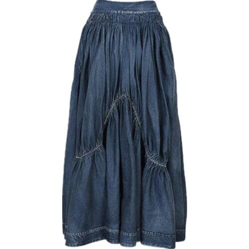 2021 autumn vintage denim skirt women high waist big swing a-line ankle length skirt