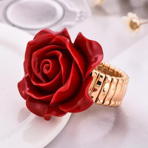 2019 New Arrival Statement Red Rose Flower Ring Gold Jewelry Nickel Free Resizable Ring Best Selling Big Rings For Women Gifts