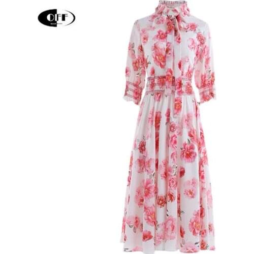 Designer Runway Beach Chic Party Midi Dress Traf Zevity Fashion French Ruffles Half Sleeve Bow Stand Collar Vacation Women Robes