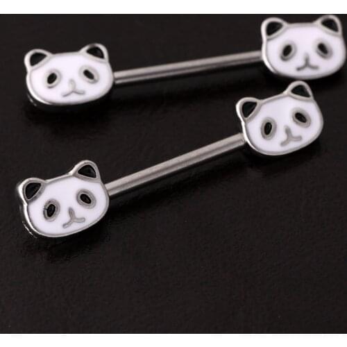 1 Pair Black White Enamel Panda Stainless Steel Barbell Nipple Piercing Ring