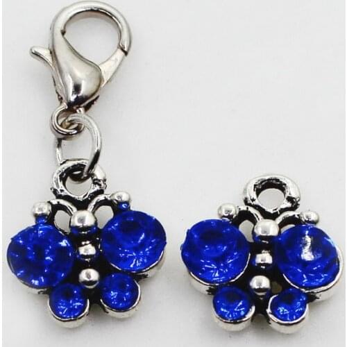 10pcs/lot Blue Crystal Butterfly Dangle Charms Lobster Clasp DIY Bracelet Necklace Pendants Jewelry Hanging Charms