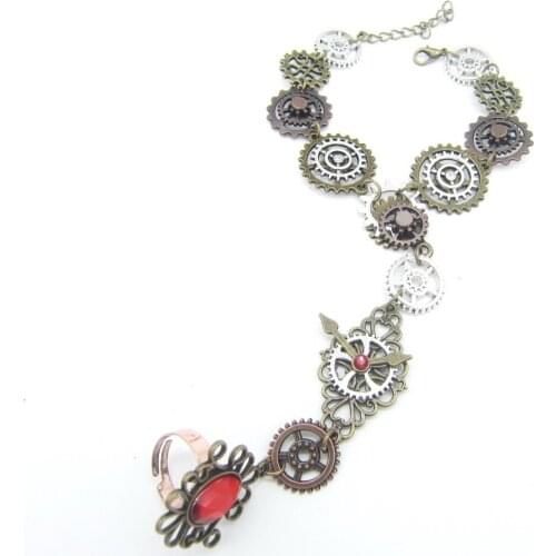 2018 New Original Model Retro Victorian Mechanical Gears Vintage Steampunk Hand Bracelet Finger Ring Set