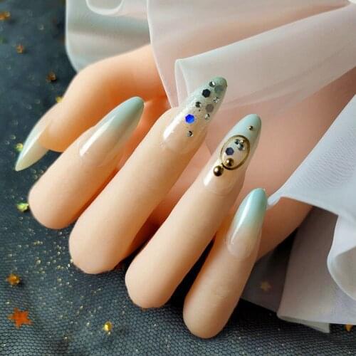 24pcs Fashionable Detachable Gradient Solid Color Rhinestone Decor Phototherapy Fake Nails Suitable Woman Daily Wearable TY