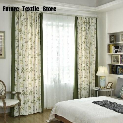 American Pastoral Printing Semishading Cotton and Linen Curtain Bay Window French Window Curtains for Living Dining Room Bedroom