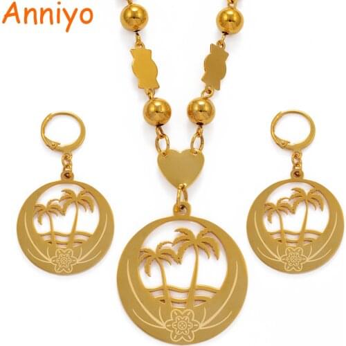 Anniyo Coconut Tree Large Size Jewelry set Bead Necklace Earrings for Women Gold Color Micronesia Guam Hawaii Marshalls #076621