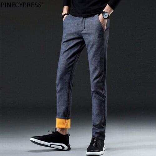Men Pants Fleece Winter Warm 90% Cotton 10% Spandex Thick Formal Casual Plaid Check Blue Male Full Length Long Slim Man Trousers