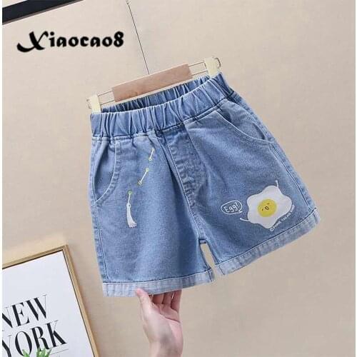 Teenage Girls Denim Shorts Summer Kids Egg Pattern Short Pants Children Clothes Big Girls Loose Shorts for Girls 8 10 12 14 16Y