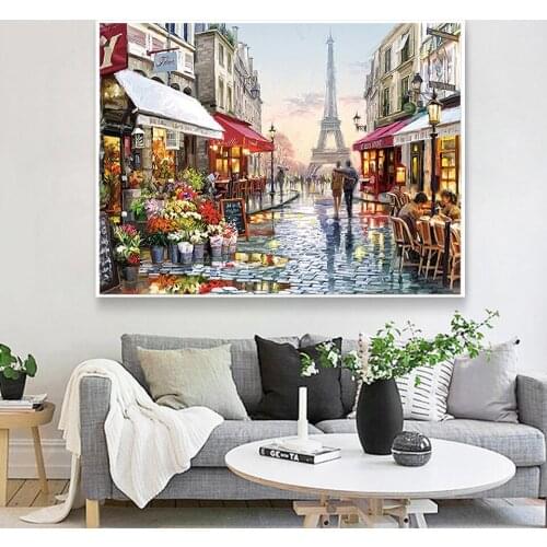DIY Oil Painting Paint By Numbers"Street View Under The Tower" Acrylic Paint Drawing on Canvas Wall Art Hand Painted Home Decor