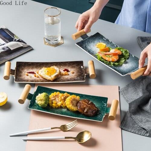 12 Inches Wooden Handle Ceramic Rectangular Cuisine Plates Household Flat Baking Pan Sushi Plate Tableware