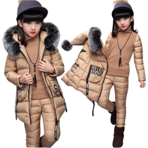 Girl Winter coat shirt pants set cotton thick 3pcs clothes set for 4-12years girls kids children warm overcoat set outfit