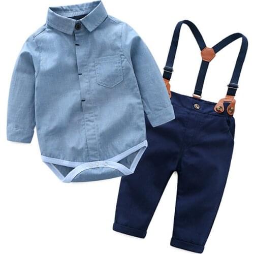 0-3T newborn clothes set for boys baby clothing suit blue cotton overalls + Navy pants with belt handsome boys suit first gift