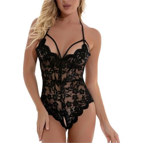 Fashion Womens Solid Colors Embroidery Lace Mesh Teddy V-Neck Lingerie One Piece Skinny Bodysuits Babydoll Lenceria Mujer#p3