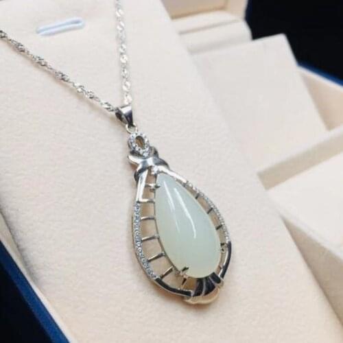 Natural 925 Silver Womens Necklace Pendant Jade S925 Collarbone Jewelry Gemstone