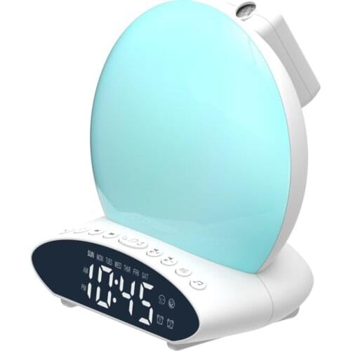 Newest Colorful Lights Music Atmosphere Alarm Clock Multifunctional LED Wake-up Light FM Radio Clocks Home Decor New Years Gift