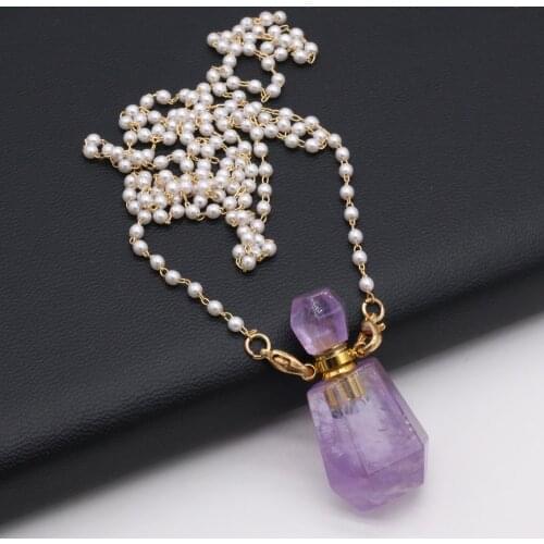 80CM Natural Amethysts Stone Perfume Bottle Necklace Charm Pendant Two Glasses Pearl Chain For Women Gift Size 20x37mm