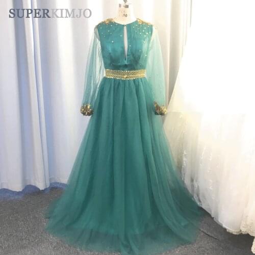 SuperKimJo Teal Blue Beaded Prom Dresses Long Sleeve Sequin Applique Elegant Real Photo Prom Gown Vestidos De Gala