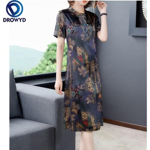 Summer Women Vintage Print Mulberry Silk Satin Maxi Dress 2021 New Casual O-neck Midi Sundress Elegant Bodycon Party Vestidos