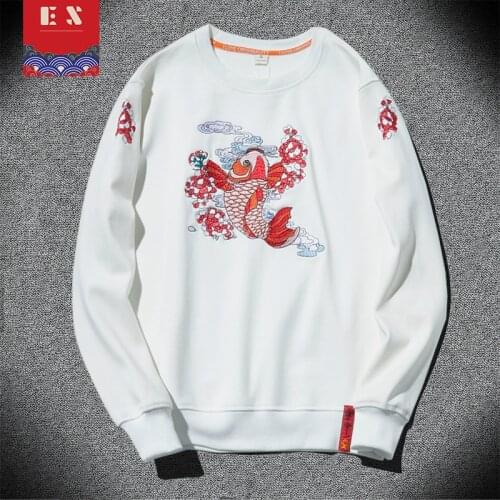 Retro Hoodies Men Embriodery Fish Hoodies Japanese Casual Hoodies Men Pullover Fleece Autumn Winter Sweatshirt Male Youth New