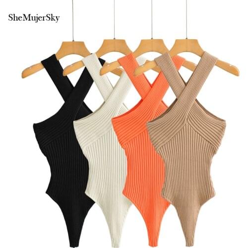 SheMujerSky Sexy Cross Halter Bodysuit Women Sleeveless Summer Solid Color Knitted Elastic Slim Tops Jumpsuits 2021
