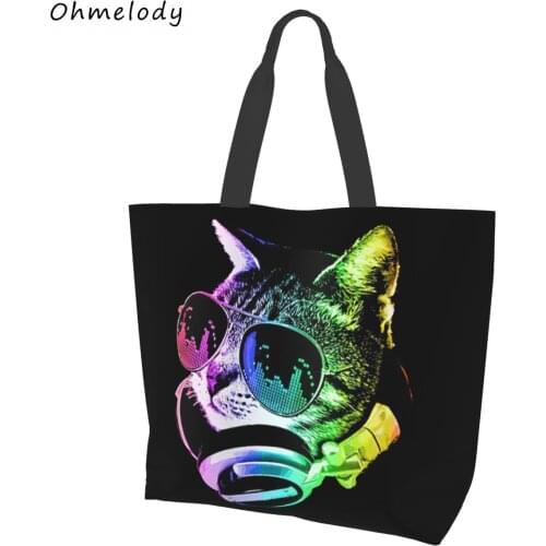 DJ Cat Fashion Shoulder Handbags for Women Foldable Travelling Beach Bags Shopping Tote Bags Summer Ladies Laptop Bags Bookbag