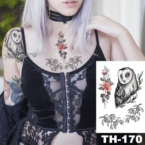 Waterproof Temporary Tattoo Sticker Rose Owl Vine pattern Water Transfer Under Breast Sternum Shoulder body art fake tattoo