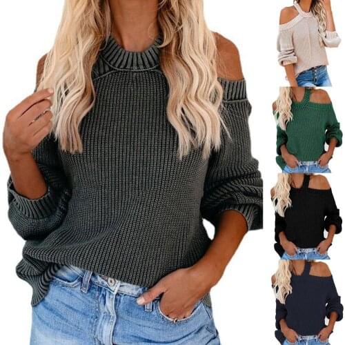 Women Fashion Sexy Knitted Jumpers Pullovers Knitwear Open Shoulder Backless Cross O Neck Knitting Sweater for Daily Wear