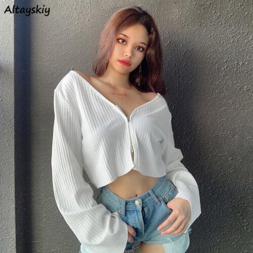 Cropped Cardigan Women Sexy V-neck Zipper Summer Long Sleeve Korean Style Slim Sunproof Beach Streetwear All-match Fashion Chic